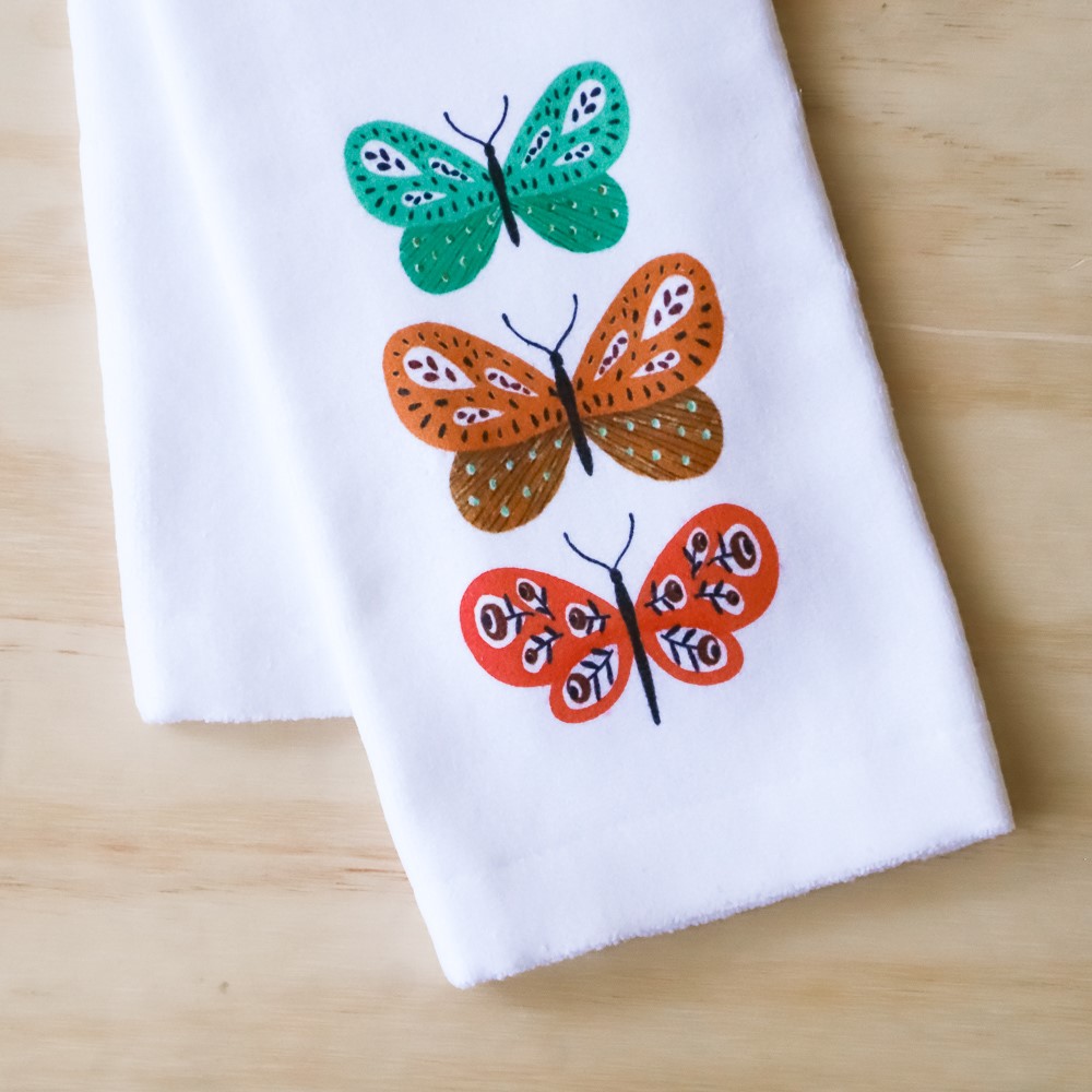 Butterflies embroidered on cotton tea towel/dishcloth