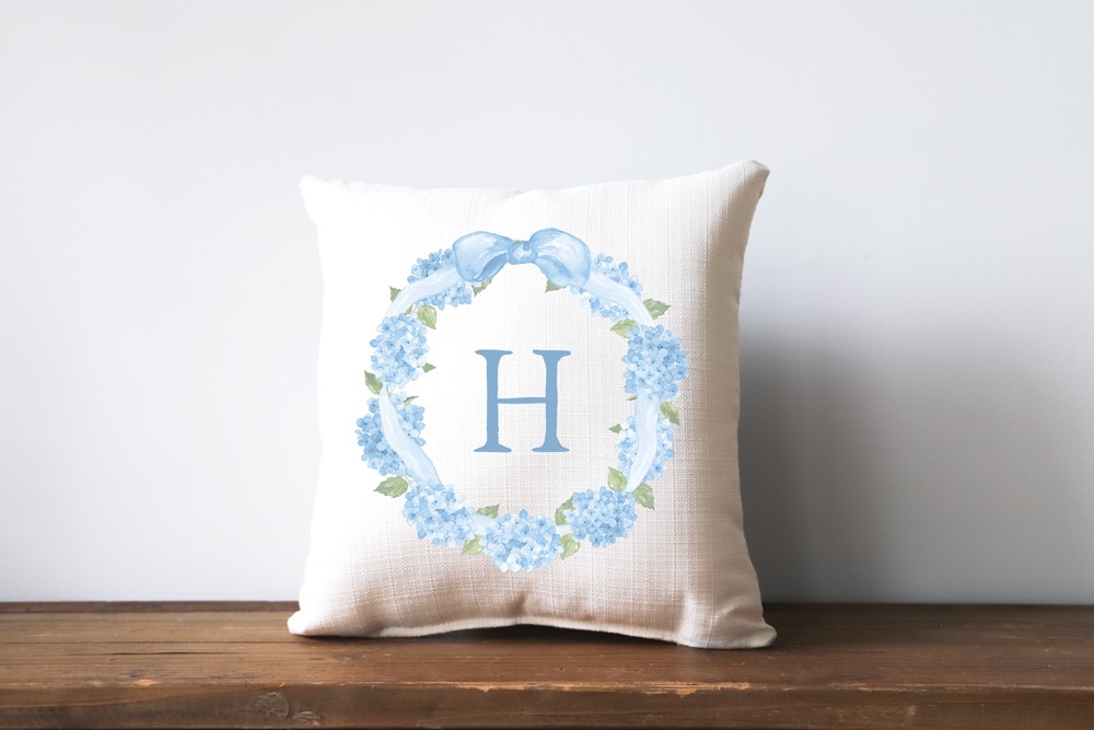 Hydrangea Wreath Initial Pillow TXT1067