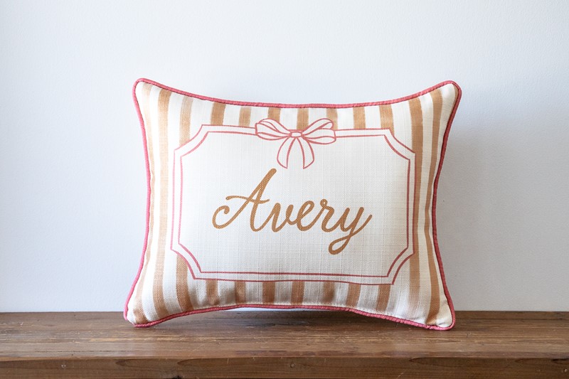 French Stripe Bow Girl Name Pillow CHI0092