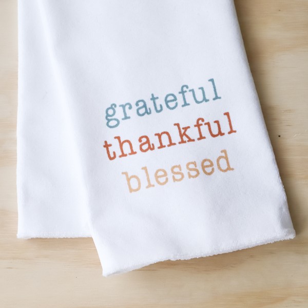 Muted Grateful, Thankful, Blessed Typewriter Tea Towel