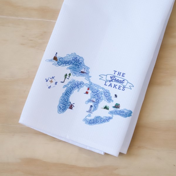 Great Lakes Embroidered Tea Towel