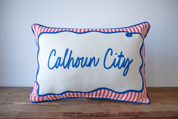 Swirly City Red Ticking Pillow